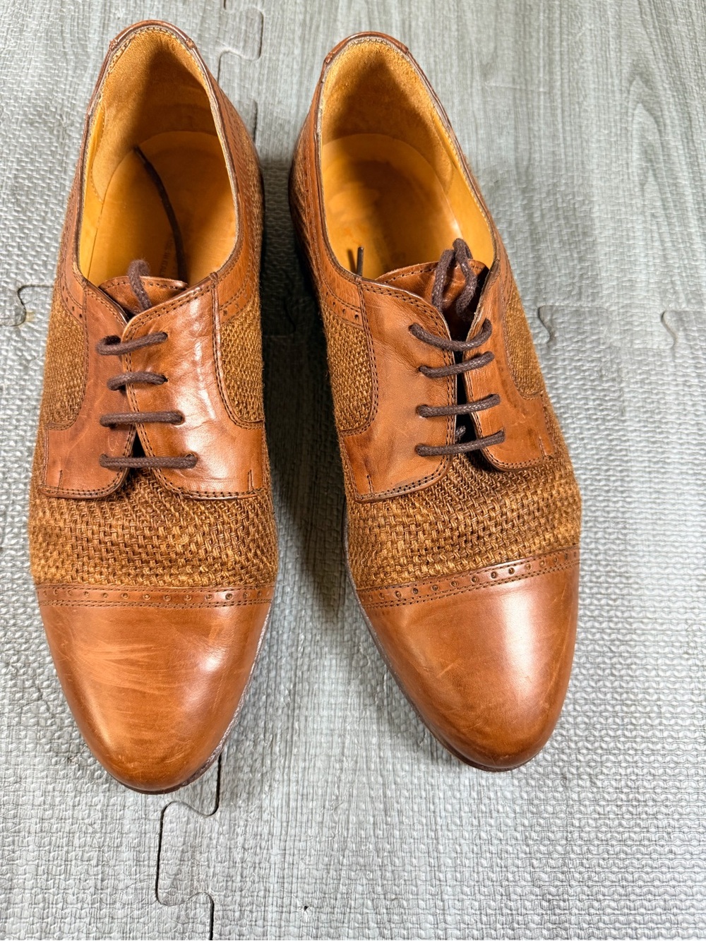 Johnson & Murphy 45-1550 Mens 8M Brown Woven Linen Leather Cap Toe Oxfords Italy